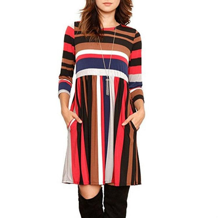 Casual Long-Sleeved Color Block Turtleneck Dress with Stripes