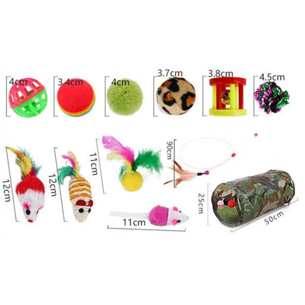 Fun Cat Toy Set for Daily Play and Bonding at Home - variety of balls, mice, feathered sticks and tunnel for interactive cat play