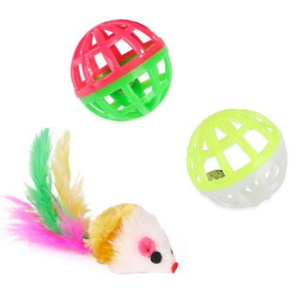 Fun Cat Toy Set for Daily Play and Bonding at Home - colorful balls and a feathered mouse for interactive indoor cat play