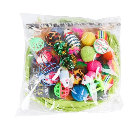 Fun Cat Toy Set for Daily Play and Bonding at Home - colorful balls, mice, feathered sticks in basket for interactive cat play