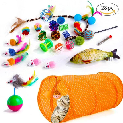 Fun Cat Toy Set for Daily Play and Bonding at Home - assorted balls, feathered sticks, mice, fish and tunnel for interactive indoor cat play