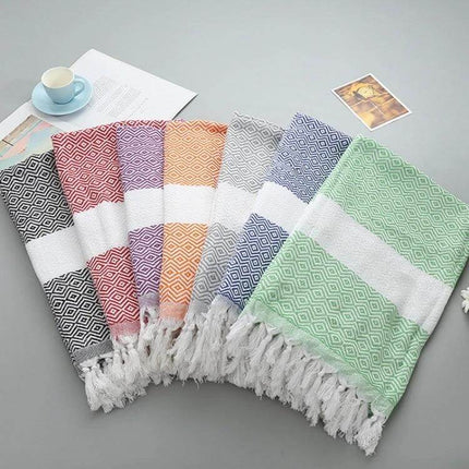 Striped Cotton Bath Towel With Tassels For Everyday Use - Colorful patterned cotton-linen towel 100x180 cm with fringe, versatile bath or beach wrap