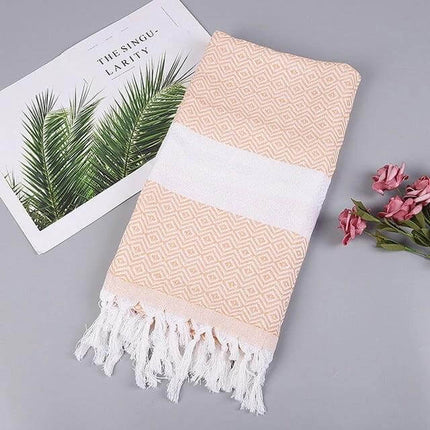 Striped Cotton Bath Towel With Tassels For Everyday Use folded pink stripe cotton-linen towel 100x180 cm with tassels, lightweight versatile wrap