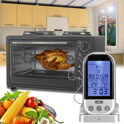 Digital Probe Oven Thermometer For Kitchen Cooking stainless steel probe monitoring roast chicken in oven with wireless receiver display