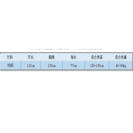 Transparent Disposable Raincoat for Hiking and Outdoor Activities - PEVA size chart showing length 115cm, chest 130cm, sleeve 77cm, fits 150-190cm height