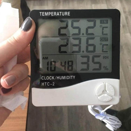 Indoor Outdoor Thermometer With Humidity Sensor For Home digital display showing 25.2°C indoor, 23.6°C outdoor, 35% RH and clock — compact desk/wall unit