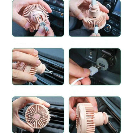 Car Vent Fan With USB LED Lamp For Personal Comfort - compact pink vent-mounted USB fan with LED, shown being clipped to car vent and plugged into USB