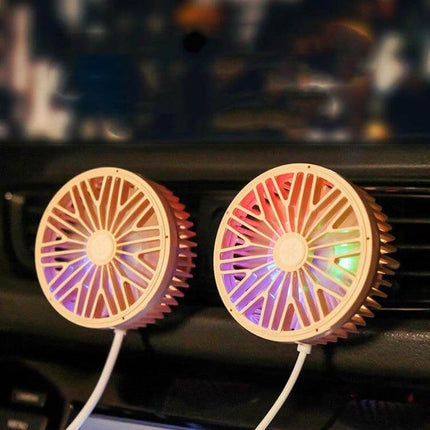 Car Vent Fan With USB LED Lamp For Personal Comfort mounted on car vent with USB cable and multicolor LED light