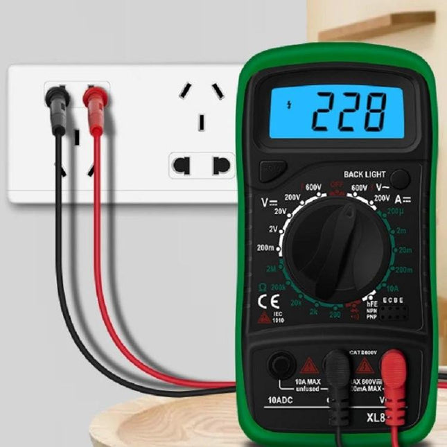 Handheld Digital Multimeter for Voltage and Current Testing measuring 228V on LCD for home DIY and technician use