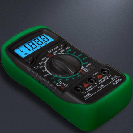 Handheld Digital Multimeter for Voltage and Current Testing - compact handheld tester with LCD display showing 1888, rotary dial and green protective boot