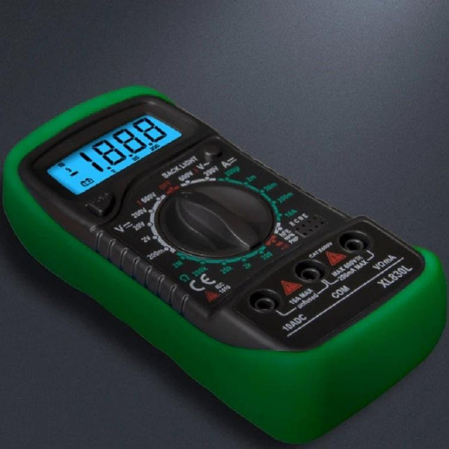 Handheld Digital Multimeter for Voltage and Current Testing - compact handheld tester with LCD display showing 1888, rotary dial and green protective boot
