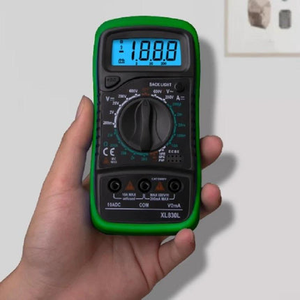 Handheld Digital Multimeter for Voltage and Current Testing showing digital LCD reading, rotary dial, and input ports held in hand