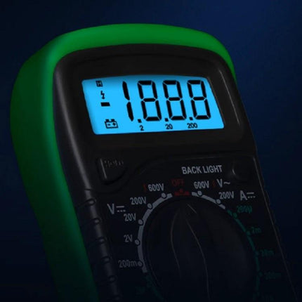 Handheld Digital Multimeter for Voltage and Current Testing showing blue backlit LCD reading 1888 and rotary function dial