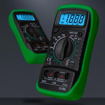 Handheld Digital Multimeter for Voltage and Current Testing - green handheld digital multimeter with LCD showing 1888 and rotary dial