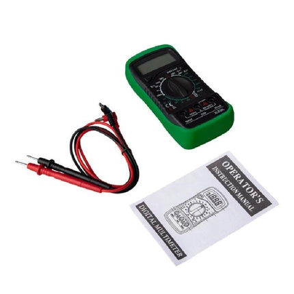 Handheld Digital Multimeter for Voltage and Current Testing with probes, LCD screen and user manual, ideal for hobbyists and technicians