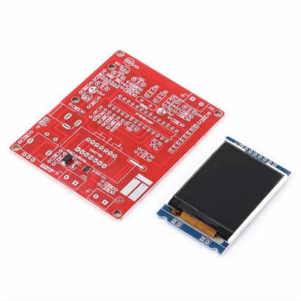 Portable Transistor and Frequency Tester for Electronic Circuits showing red PCB board and separate 160x128 LCD display for prototyping and testing