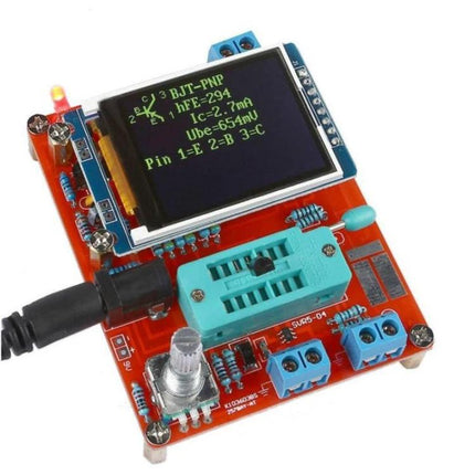 Portable Transistor and Frequency Tester for Electronic Circuits showing 160x128 LCD, ZIF socket and terminal blocks for component testing