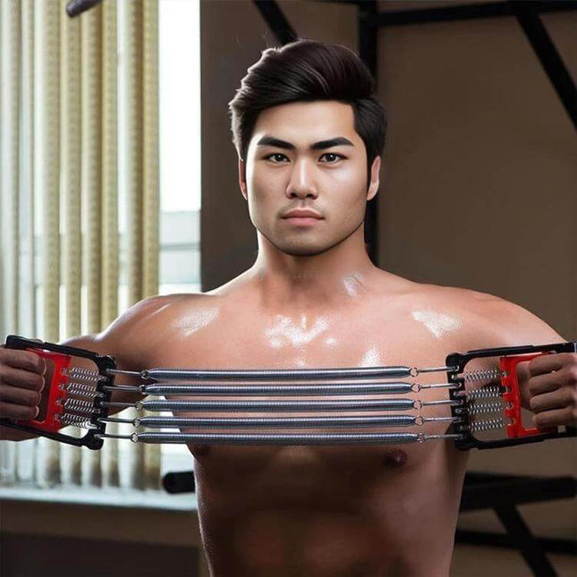 Dual Purpose Five Spring Chest Expander For Upper Body Work held by a man demonstrating chest expansion with plastic handles and five adjustable springs