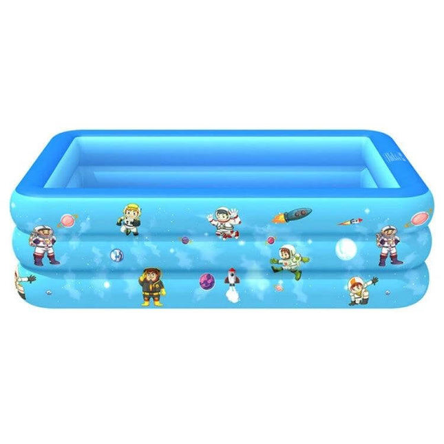 Aerospace Pattern Inflatable Family Pool Multiple Sizes - blue rectangular inflatable pool with space character graphics, thick PVC, non-slip double bubble bottom