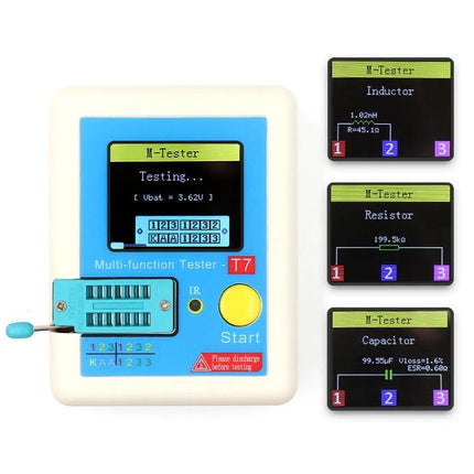 Handheld Multifunctional Tester for Electronic Components and Transistors handheld tester with screen showing transistor, resistor, capacitor measurements