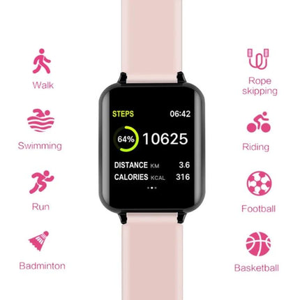 Daily Companion Smart Watch for Health and Activity Tracking showing step count, distance and calories with pink strap and activity icons (walking, running, swimming)