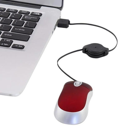 Portable Mini Computer Mouse with Retractable Cable plugged into laptop showing compact red optical mouse and retractable cord