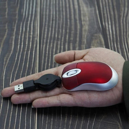 Portable Mini Computer Mouse with Retractable Cable shown in hand, red compact wired USB mouse with retractable cable for travel and laptops
