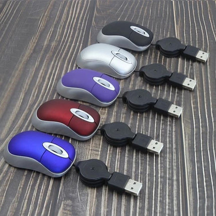 Portable Mini Computer Mouse with Retractable Cable in assorted colors lined up with USB retractable cords