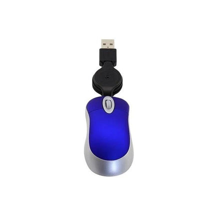 Portable Mini Computer Mouse with Retractable Cable - compact blue wired USB mouse with retractable cable for travel and laptop use