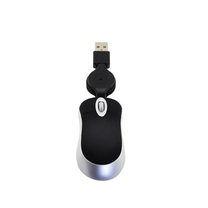 Portable Mini Computer Mouse with Retractable Cable - compact black USB wired optical mouse with retractable cable for travel and laptop use