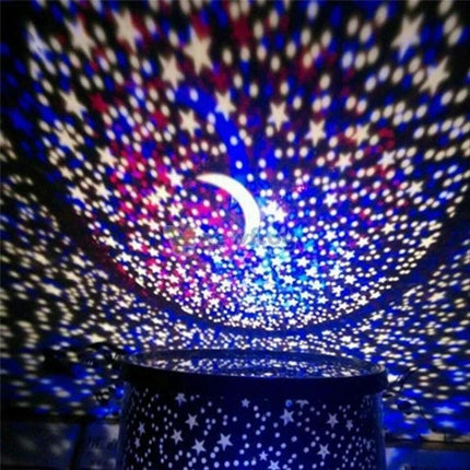 Starry Sky LED Night Light for Cozy Bedroom Evenings projecting blue and purple star and moon pattern on ceiling for relaxing bedtime ambiance