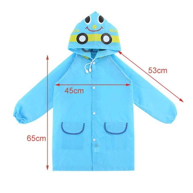 Waterproof Kids Rain Coat with Cute Animal Design for Outdoor Play - blue poncho-style polyester raincoat with hood, pockets and size arrows