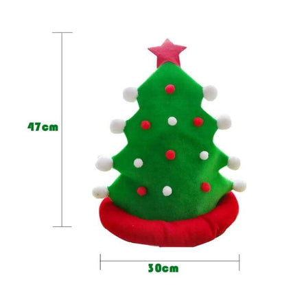 Christmas Tree Hat With Star Top For Festive Party Decor - green felt tree hat with red star, pom-poms, 47cm x 30cm, one-size-for-adults-and-kids