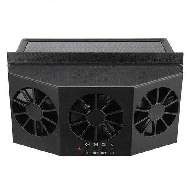Solar Car Radiator Ventilation Fan for Odor Control - black rectangular plastic unit with solar panel and three high-speed fans (32-fan array)
