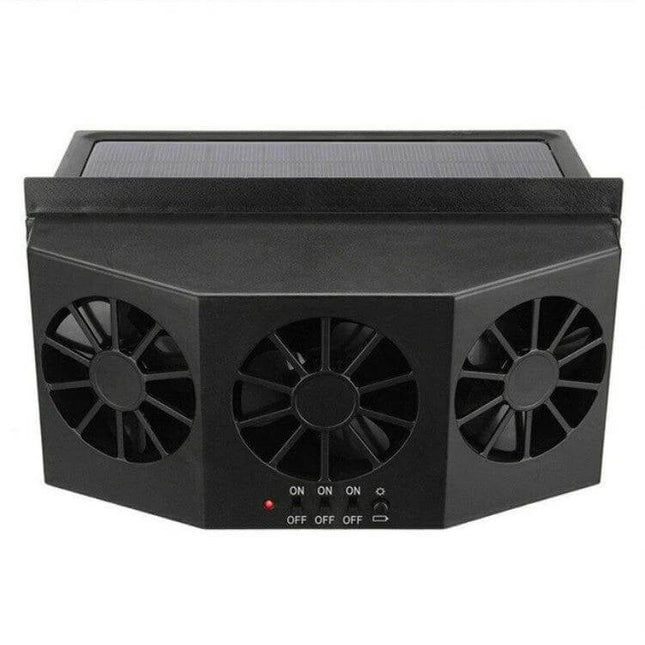 Solar Car Radiator Ventilation Fan for Odor Control - black rectangular 32-fan solar-powered car ventilation unit with adjustable solar panel