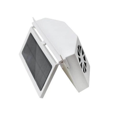 Solar Car Radiator Ventilation Fan for Odor Control — white plastic unit with adjustable external solar panel and 32-fan grille for vehicle air circulation
