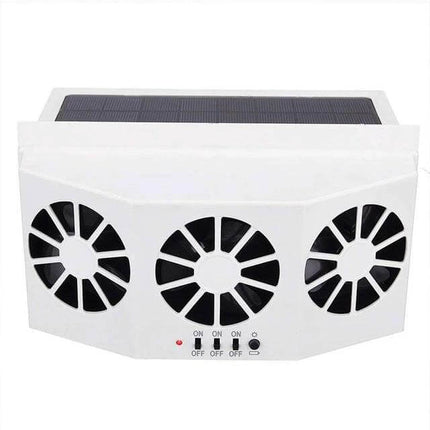 Solar Car Radiator Ventilation Fan for Odor Control - white plastic 32-fan solar unit with adjustable external panel and three visible fan grilles