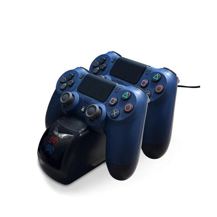 Essential Charger Station for PS4 Controllers in Home Gaming Sessions - dual dock charging two blue PS4 controllers via USB