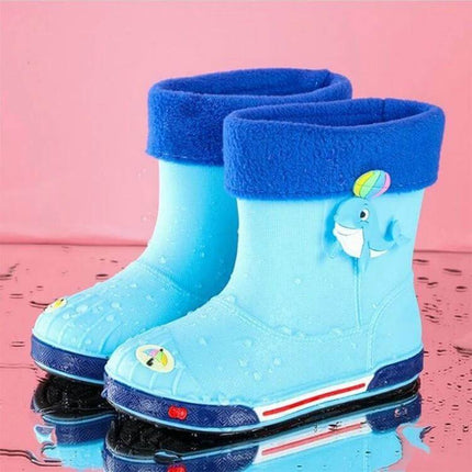 Children's Warm Non-Slip Cartoon Rain Boots for Kids bright blue waterproof PVC boots with fleece cuff and dolphin cartoon