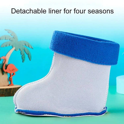 Children's Warm Non-Slip Cartoon Rain Boots for Kids detachable liner shown for four seasons, blue removable warm inner boot