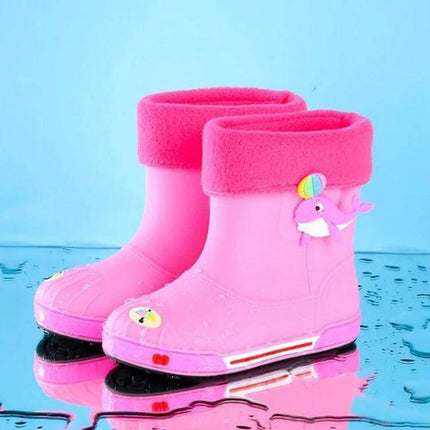 Children's Warm Non-Slip Cartoon Rain Boots for Kids pink waterproof PVC fleece-lined boots with dolphin applique and non-slip sole