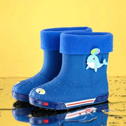 Children's Warm Non-Slip Cartoon Rain Boots for Kids blue waterproof PVC kids boots with cartoon whale and warm fleece lining