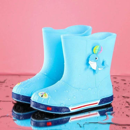 Children's Warm Non-Slip Cartoon Rain Boots for Kids bright blue waterproof PVC kids boots with dolphin and ball design, non-slip soles, warm lining