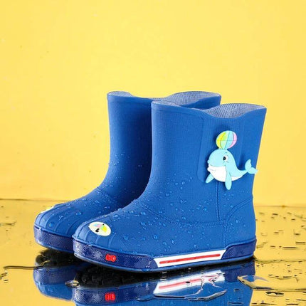 Children's Warm Non-Slip Cartoon Rain Boots for Kids - Blue waterproof PVC kids boots with dolphin cartoon, non-slip sole, warm lining