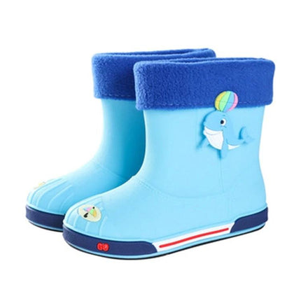 Children's Warm Non-Slip Cartoon Pattern Rain Boots in blue with fleece cuff and playful whale design, waterproof kids' puddle-proof shoes