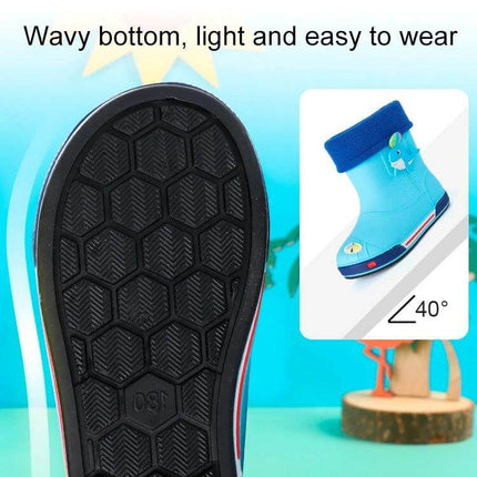 Children's Warm Non-Slip Cartoon Pattern Rain Boots - blue kids rain boot with wavy non-slip sole and warm cuff, waterproof puddle protection