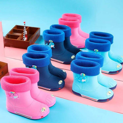 Children's Warm Non-Slip Cartoon Pattern Rain Boots in pink, blue and navy with cozy fleece lining and non-slip soles for kids
