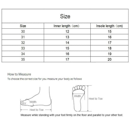 Children's Warm Non-Slip Cartoon Pattern Rain Boots size chart with inner and insole lengths and measuring guide