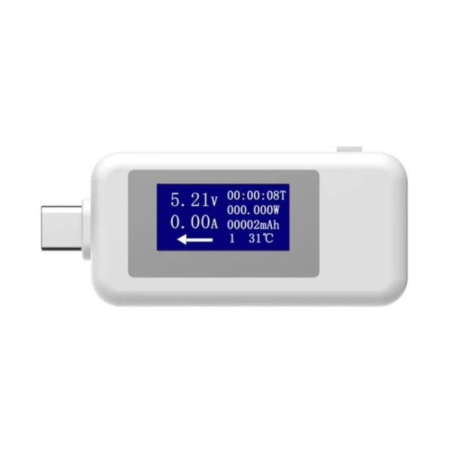 KEWEISI USB-C Voltage and Current Tester for Safe Charging Monitoring showing voltage, current, mAh and temperature on blue screen