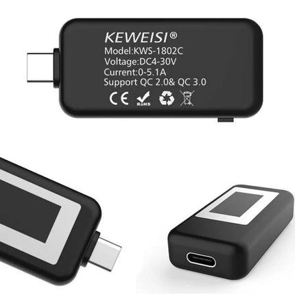 KEWEISI USB-C Voltage and Current Tester for Safe Charging Monitoring compact USB-C tester showing ports and model info